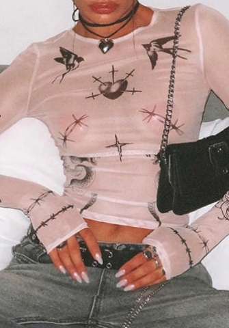 (Real Image)2024 Styles Women Floral and Animal Print Mesh Round Neck Long Sleeve Crop Top