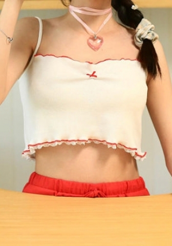 (White)2024 Styles Women Pure Desire Sexy Spicy Ruffled Lace Trim Bow Halter Cropped Top