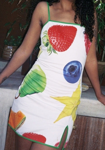 (Real Image)2024 Styles Women Fashion Fruit Print Split Halter Open Back Mini Dress