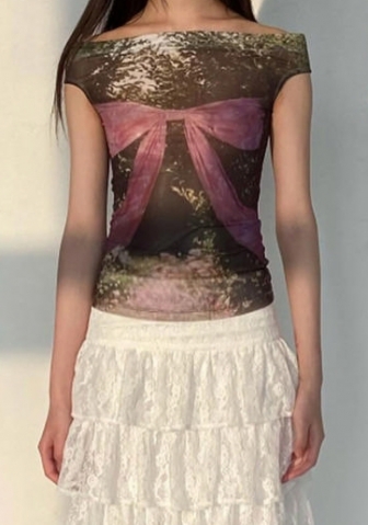 (Only Tops,Real Image)2024 Styles Women Bow Print Mesh Off-Shoulder Sleeveless Top