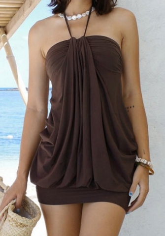 (Real Image)2024 Styles Women Fashion Solid Color Halter Mini Dress with Open Back