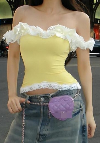 (Real Image)2024 Styles Women Pure Desire Style Lace Trim Off-Shoulder Sleeveless Cropped Top