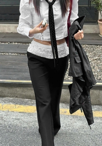 (Only Bottom,Real Image)2024 Styles Women Fashion High Street Spicy Color-Blocked Lace Waistband Elastic Pants