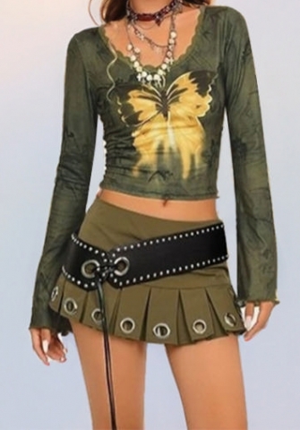 (Real Image)2024 Styles Women Fashion Butterfly Print Lace Trim Crop Long Sleeve Top