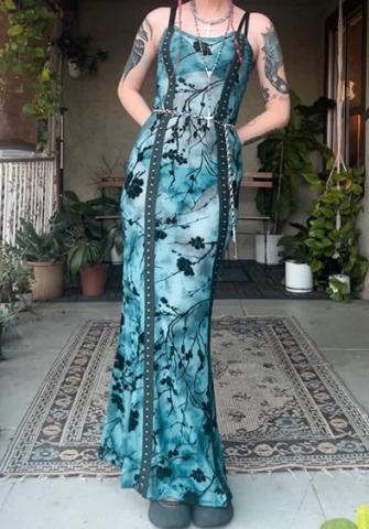 (Real Image)2024 Styles Women Fashion Print Mesh Sheer Metal Buckle High Split Halter Dress