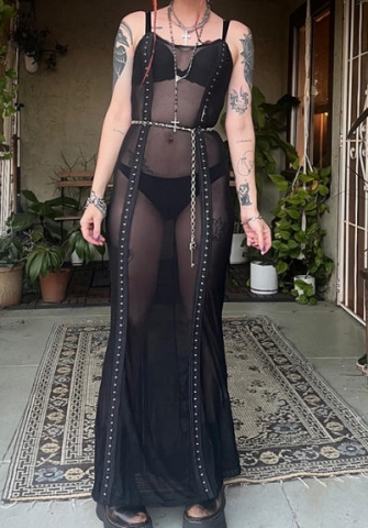 (Black)2024 Styles Women Fashion Print Mesh Sheer Metal Buckle High Split Halter Dress