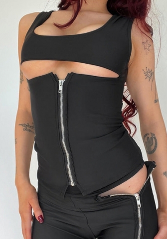 (Real Image)2024 Styles Women Fashion Open-Work Design Zippered Square Neck Sleeveless Top