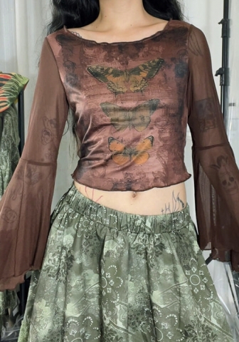 (Only Bottom,Real Image)2024 Styles Women Vintage Butterfly Print Mesh Paneled Flared Sleeve Crop Top