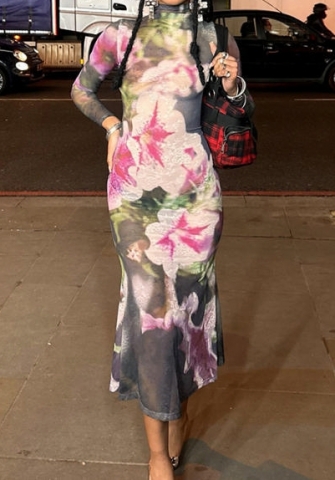 (Real Image)2024 Styles Women Vintage Random Print Reversible Round Neck Long Sleeve Tied Waist Maxi Dress