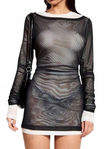 (Real Image)2024 Styles Women Fashion Black and White Color-Blocked Mesh Round Neck Pullover Long Sleeve Sheer Sexy Mini Dress