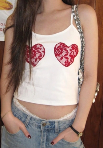 (White)2024 Styles Women Niche Vintage Heart Lace Paneled Crop Halter Top