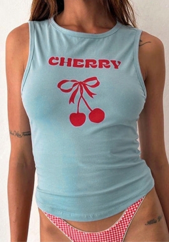 (Real Image)2024 Styles Women Summer Fashion Lettering and Cherry Print Round Neck Sleeveless Vest