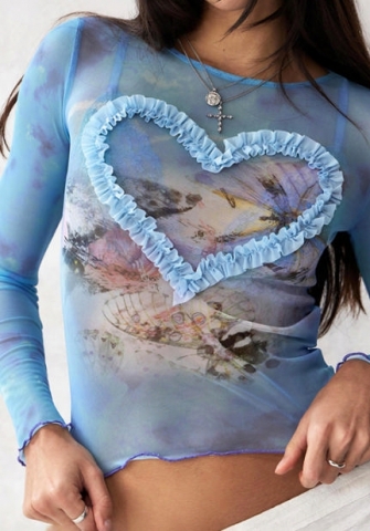 (Real Image)2024 Styles Women Mesh Print Heart 3D Decor Round Neck Long Sleeve Top