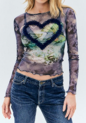 (Only Tops，Dark Blue)2024 Styles Women Mesh Print Heart 3D Decor Round Neck Long Sleeve Top
