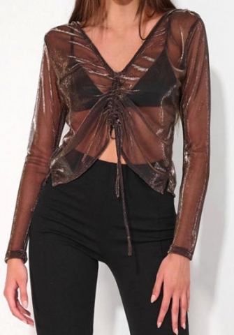 (Real Image)2024 Styles Women Sheer Solid Color Mesh V-Neck Reversible Cropped Top