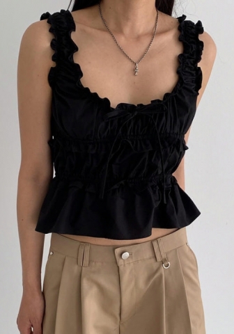 (Black)2024 Styles Women Pure Desire Fresh Sweet Pleated Sleeveless U-Neck Crop Top