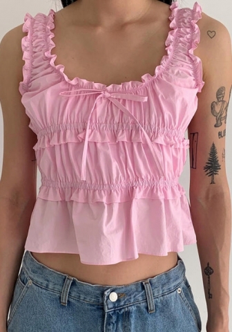 (Pink)2024 Styles Women Pure Desire Fresh Sweet Pleated Sleeveless U-Neck Crop Top