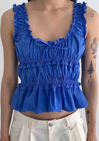(Blue)2024 Styles Women Pure Desire Fresh Sweet Pleated Sleeveless U-Neck Crop Top