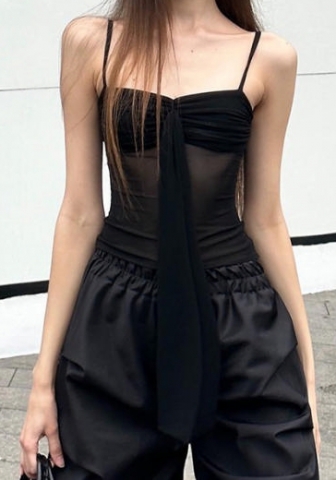 (Only Tops,Black)2024 Styles Women Sexy Open-Work Tie-Back Bow Sleeveless Halter Solid Color Top