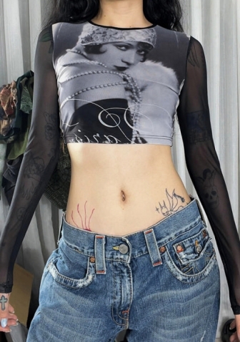 (Real Image)2024 Styles Women Fashion Vintage Beauty Print Mesh Paneled Round Neck Pullover Crop Top