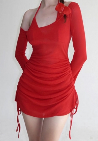 (Red)2024 Styles Women Pure Desire Sexy Spicy Beach Holiday Style Solid Color Fake Two-Piece Off-Shoulder Dress