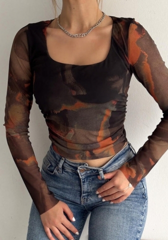(Black&Orange)2024 Styles Women Random Print Square Neck Mesh Long Sleeve Top