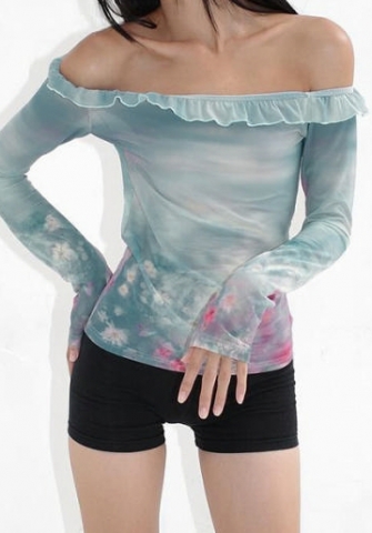 (Only Tops，Real Image)2024 Styles Women Ink Painting Floral Print Off-Shoulder Ruffle Long Sleeve Tops