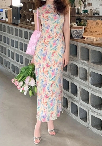(Real Image)2024 Styles Women Fashion New Colorful Print Round Neck Bodycon Long Split Maxi Dress