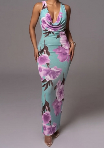 (Real Image)2024 Styles Women Open Back Fashion Elegant Print Scoop Neck Maxi Dress