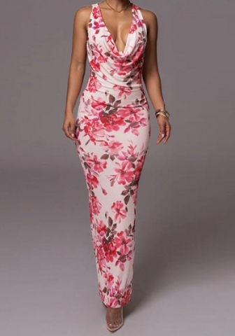 (Pink)2024 Styles Women Open Back Fashion Elegant Print Scoop Neck Maxi Dress