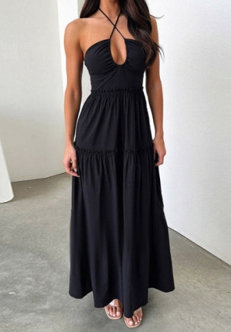 (Black)2024 Styles Women Summer Slim Fitting Halter A-Line Maxi Dress with Bust Enhancement