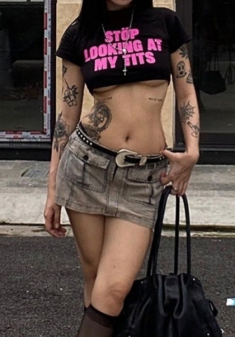 (Only Tops,Black)2024 Styles Women Summer Spicy Crop Top with Letter Print, Slim Fitting and Casual Versatile