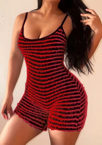 (Red)2024 Styles Women Sexy Bust-Enhancing Striped Halter Waist-Cinching Booty-Lifting Spicy Open Back Romper