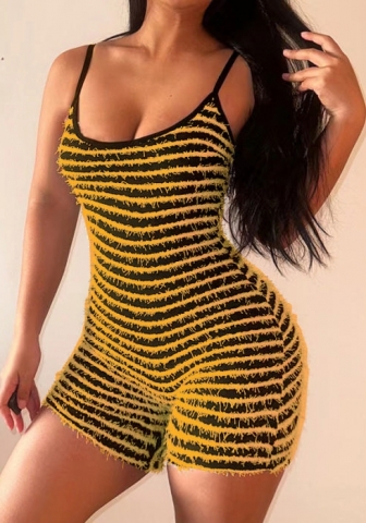 (Yellow)2024 Styles Women Sexy Bust-Enhancing Striped Halter Waist-Cinching Booty-Lifting Spicy Open Back Romper