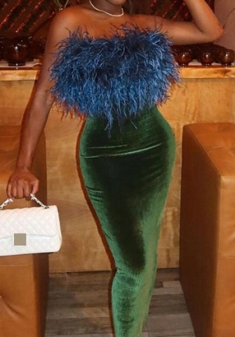 (Real Image)2024 Styles Women Autumn Slim Fitting Waist-Cinching Faux Fur Halter Korean Plush Dress, Bodycon Skirt