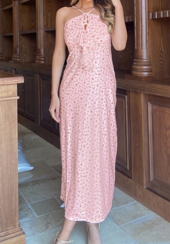 (Real Image)2024 Styles Women Spring/Summer Slim Fashion Halter Print Open Back Tied Maxi Dress