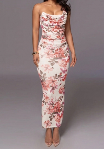 (Real Image)2024 Styles Women Summer Slim Fashion Print Waist-Cinching One Shoulder Halter Bodycon Maxi Dress