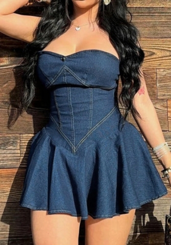 (Real Image)2024 Styles Women Summer Elegant Sexy Halter Denim-Inspired Bodycon A-Line Dress