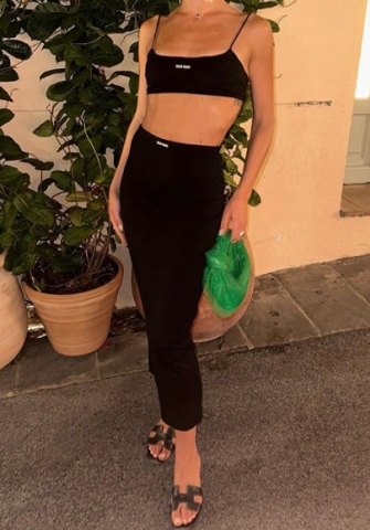 (Real Image)2024 Styles Women Summer Elegant Letter Print Tiny Strap Skater Dress Set