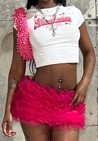 (Only Tops,Pink)2024 Styles Women Summer Fashion Slim Crop Top with Versatile Printed Short Sleeve Top