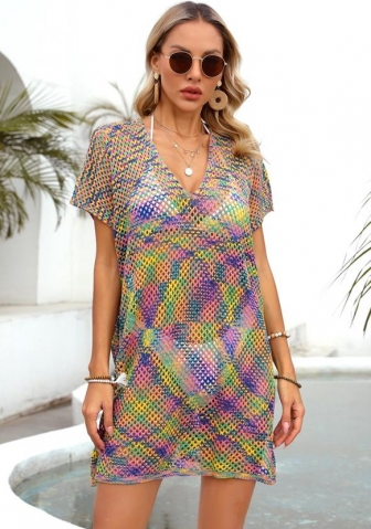 (Real Image)2024 Styles Women Summer Cover Up Rainbow Splicing Hollow Loose Bikini Beach Cardigan Knitted Cardigan