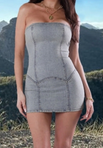 (Real Image)2024 Styles Women Denim Stretch Bandeau Sexy Washed Off-the-Shoulder Mini Dress