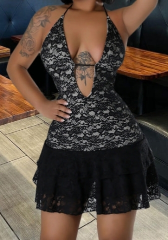 (Real Image)2024 Styles Women Lace-Up Backless Sleeveless Lace Halter Mini Dress