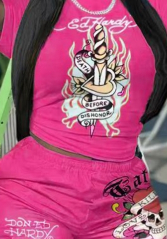 (Rose)2024 Styles Women Sexy Printed Oversized Slouchy Crop Top and Shorts Set