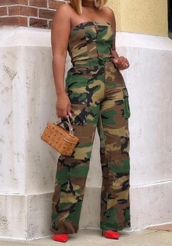 (Real Image)2024 Styles Women Camo Print Tube Top and Cargo Pants Set