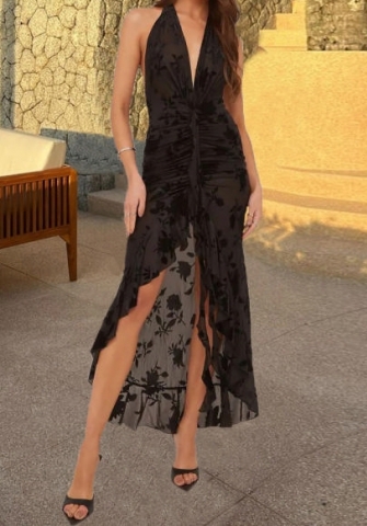 (Real Image)2024 Styles Women Summery Cutout Tie-Neck Velvet Maxi Dress