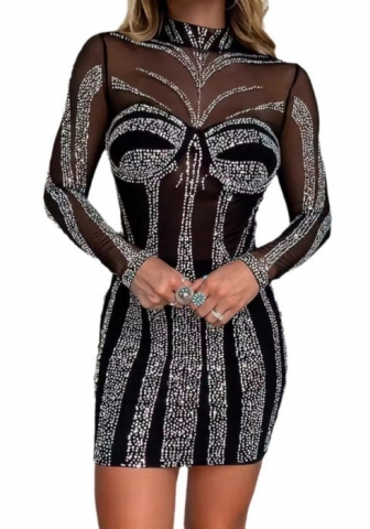 (Real Image)2024 Styles Women Sexy Rhinestone Mesh Mini Dress