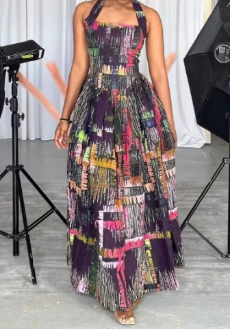 2024 Styles Women Floral Print Halter Maxi Dress