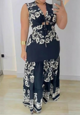 (Real Image)2024 Styles Women Printed Patchwork Lace-up Waist Sheer Sleeveless Gathered Dress