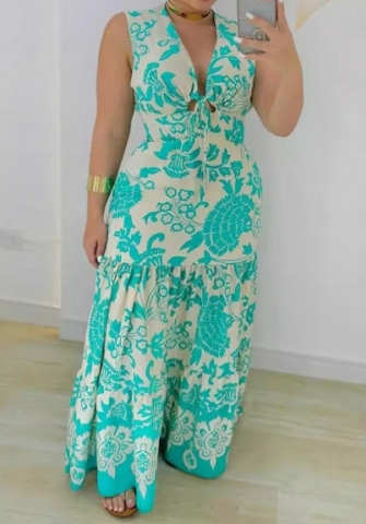 (Blue)2024 Styles Women Printed Patchwork Lace-up Waist Sheer Sleeveless Gathered Dress